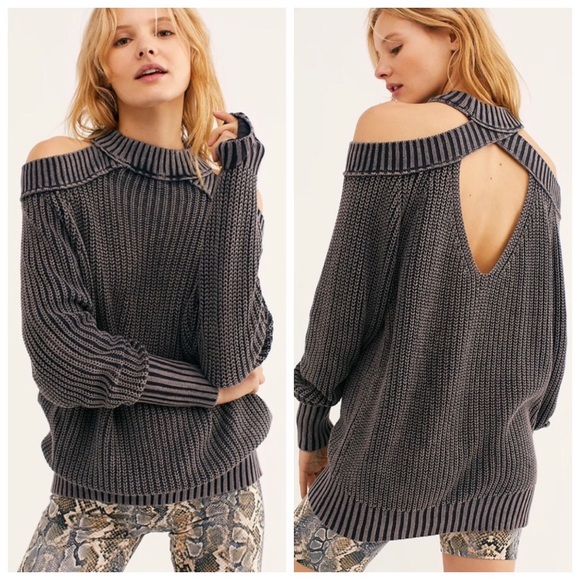 Free People Sweaters - Free People Half Moon Bay Cutout Sweater in “Washed Black” Gray, Size Medium